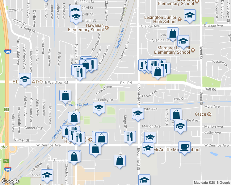 map of restaurants, bars, coffee shops, grocery stores, and more near 10041 Kaylor Avenue in Los Alamitos