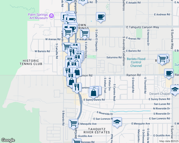 map of restaurants, bars, coffee shops, grocery stores, and more near in Palm Springs