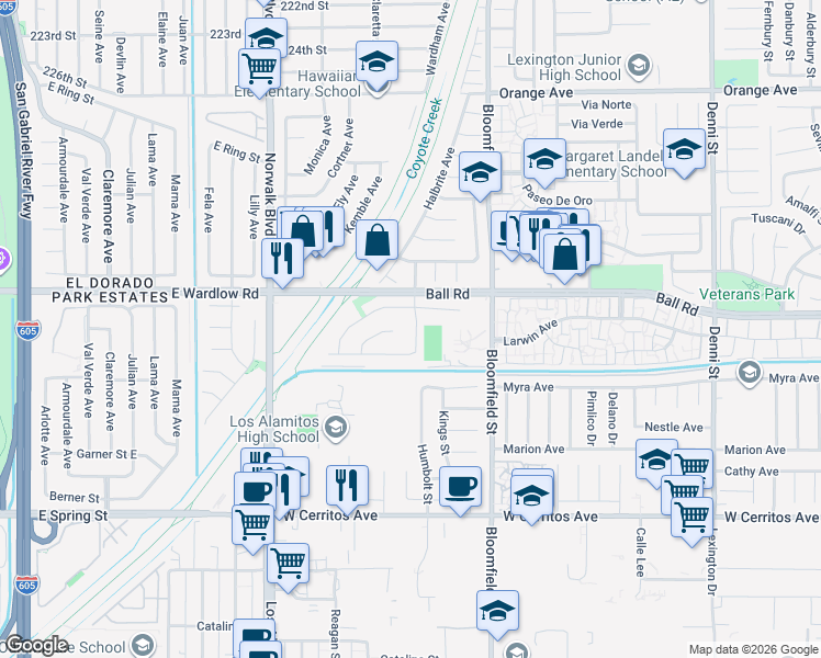 map of restaurants, bars, coffee shops, grocery stores, and more near 10041 Kaylor Avenue in Los Alamitos