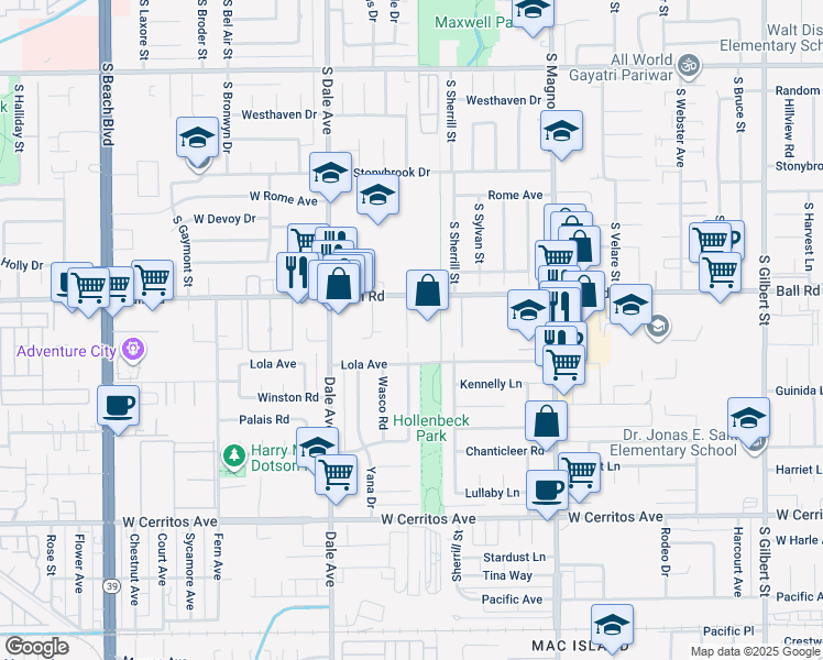 map of restaurants, bars, coffee shops, grocery stores, and more near 1244 South Macduff Street in Anaheim