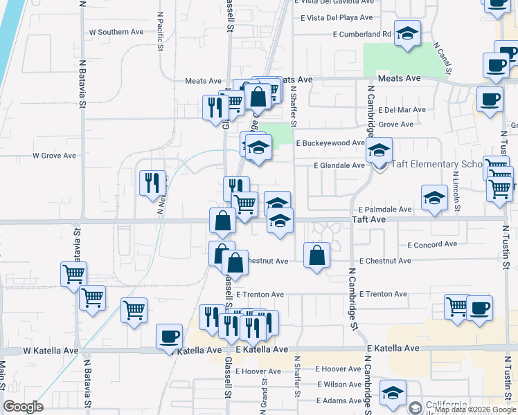map of restaurants, bars, coffee shops, grocery stores, and more near 305 East Taft Avenue in Orange
