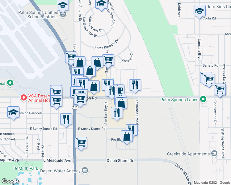 map of restaurants, bars, coffee shops, grocery stores, and more near 90 Lakeview Circle in Cathedral City