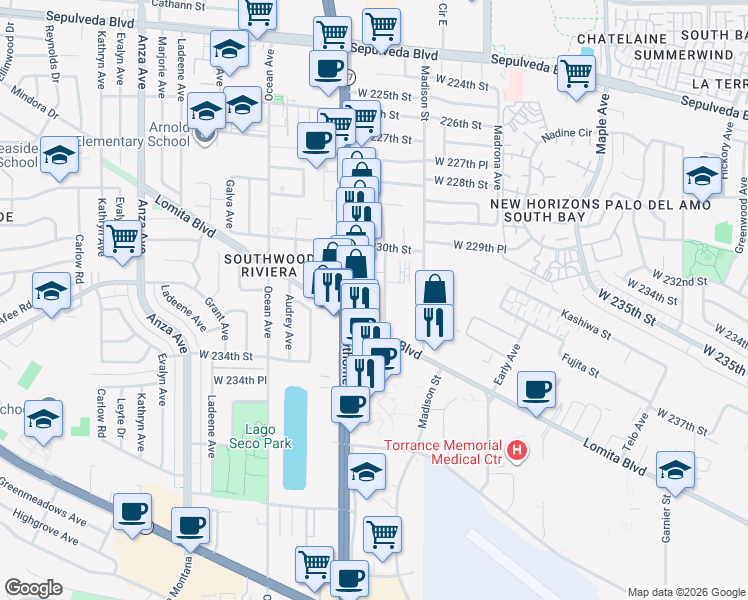 map of restaurants, bars, coffee shops, grocery stores, and more near 23125 Samuel Street in Torrance
