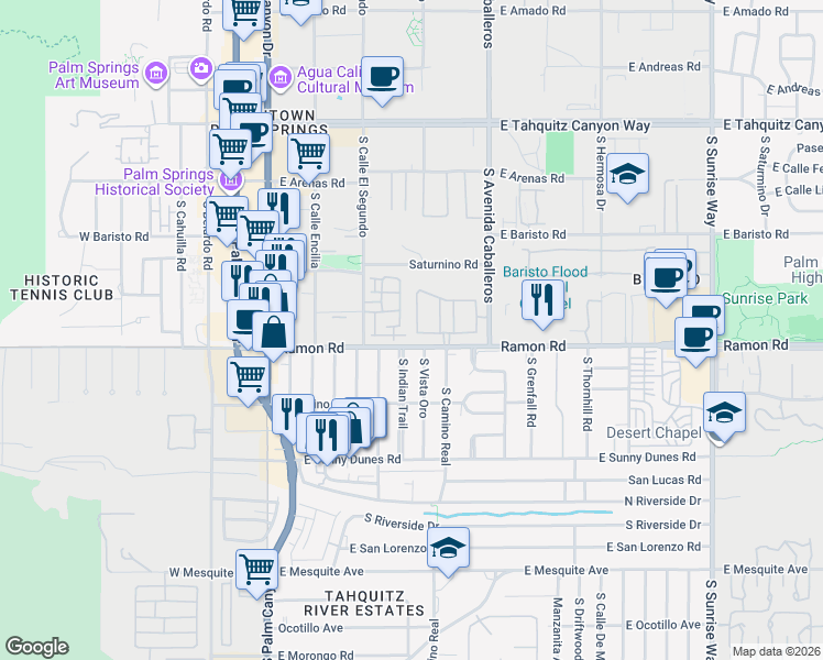 map of restaurants, bars, coffee shops, grocery stores, and more near 487 Village Square West in Palm Springs