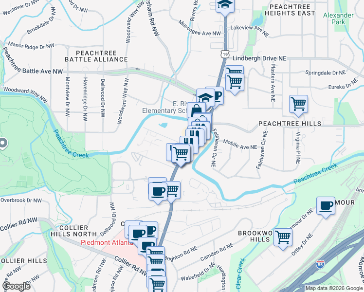 map of restaurants, bars, coffee shops, grocery stores, and more near 2260 Peachtree Road Northeast in Atlanta