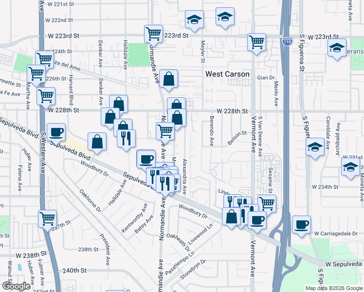 map of restaurants, bars, coffee shops, grocery stores, and more near 23033 Alexandria Avenue in Torrance