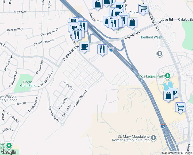 map of restaurants, bars, coffee shops, grocery stores, and more near 2640 Sprout Lane in Corona