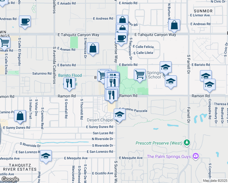 map of restaurants, bars, coffee shops, grocery stores, and more near 425 South Sunrise Way in Palm Springs