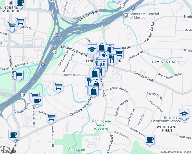 map of restaurants, bars, coffee shops, grocery stores, and more near 2235 Cheshire Bridge Road Northeast in Atlanta