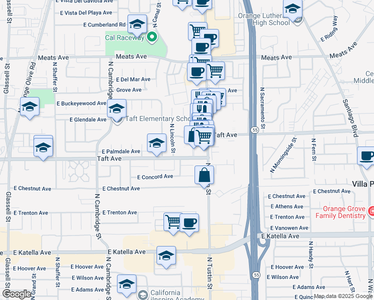map of restaurants, bars, coffee shops, grocery stores, and more near 1525 East Taft Avenue in Orange