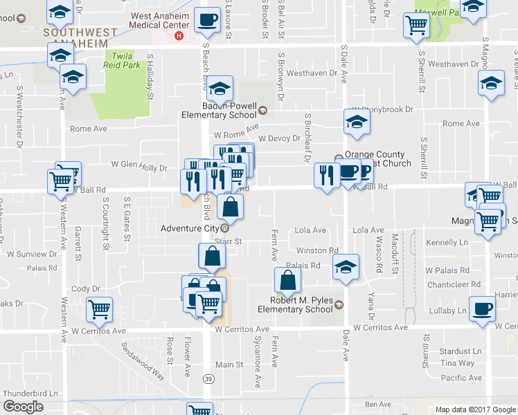 map of restaurants, bars, coffee shops, grocery stores, and more near 1219 South Gaymont Street in Anaheim