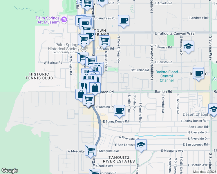 map of restaurants, bars, coffee shops, grocery stores, and more near 464 South Calle Encilia in Palm Springs