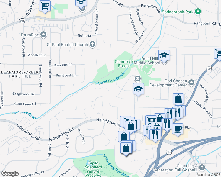 map of restaurants, bars, coffee shops, grocery stores, and more near 2586 Laurel Ridge Drive in Decatur