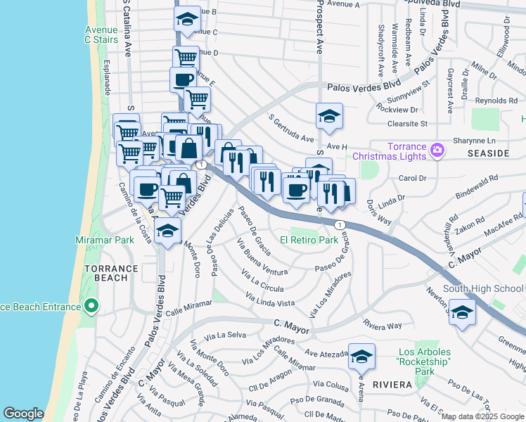 map of restaurants, bars, coffee shops, grocery stores, and more near 6100 South Pacific Coast Highway in Redondo Beach