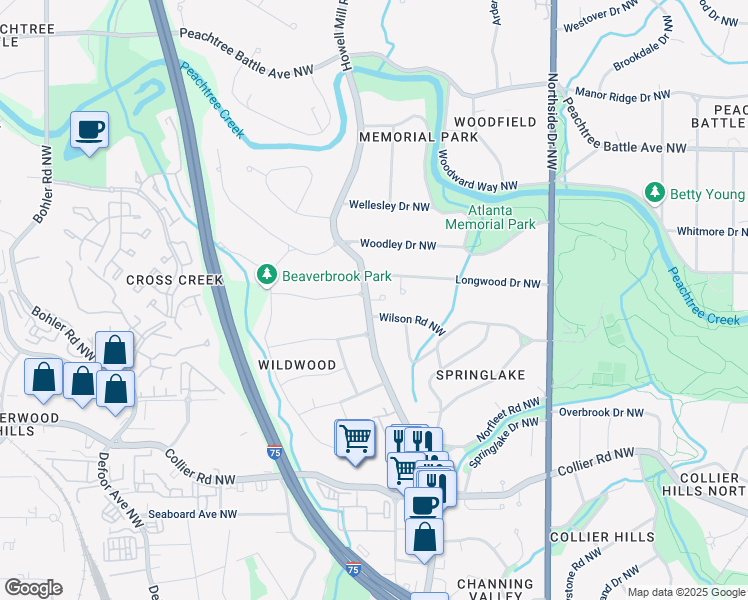 map of restaurants, bars, coffee shops, grocery stores, and more near Brandon Park Place Northwest in Atlanta
