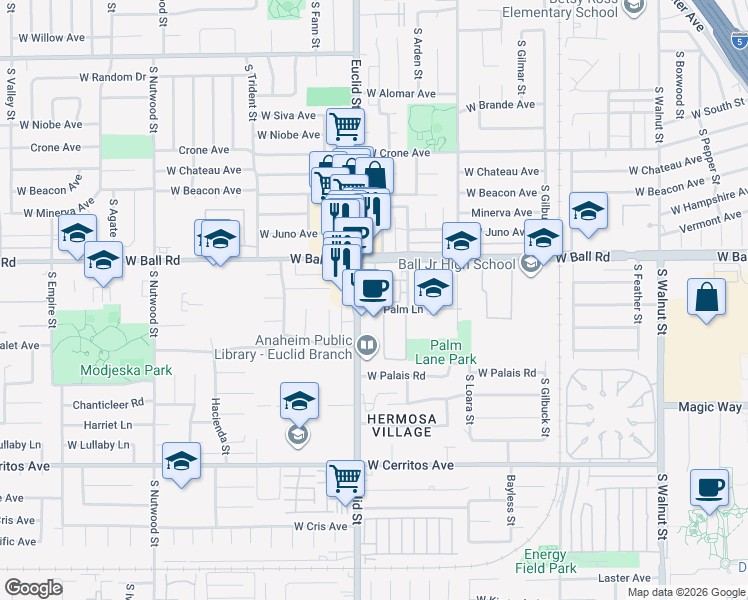 map of restaurants, bars, coffee shops, grocery stores, and more near 1250 South Euclid Street in Anaheim