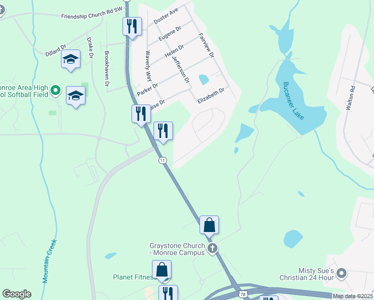 map of restaurants, bars, coffee shops, grocery stores, and more near 124 Tanglewood Drive in Monroe