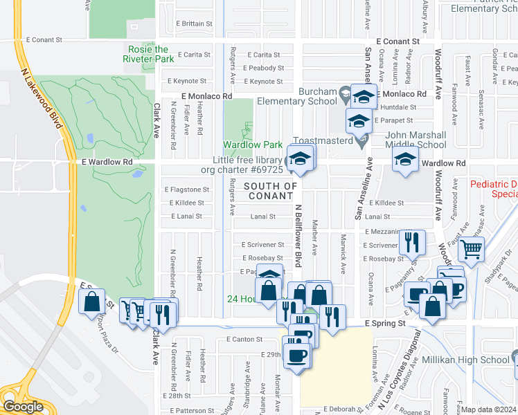 map of restaurants, bars, coffee shops, grocery stores, and more near 5346 East Killdee Street in Long Beach