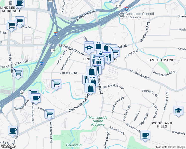 map of restaurants, bars, coffee shops, grocery stores, and more near 2230 Cheshire Bridge Road Northeast in Atlanta