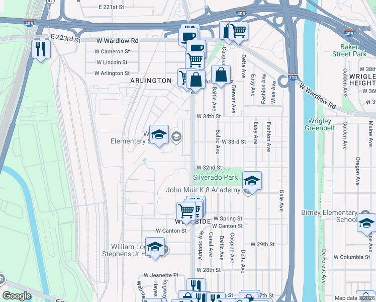 map of restaurants, bars, coffee shops, grocery stores, and more near 3245 Santa Fe Avenue in Long Beach