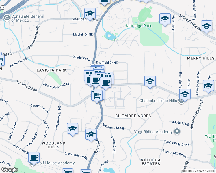 map of restaurants, bars, coffee shops, grocery stores, and more near 1679 Lavista Road in Atlanta