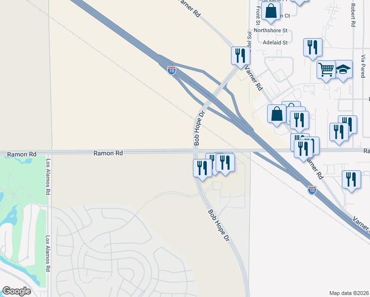 map of restaurants, bars, coffee shops, grocery stores, and more near 70201 Ramon Road in Rancho Mirage