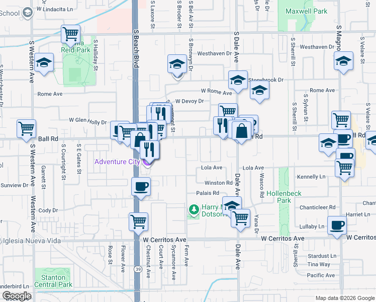 map of restaurants, bars, coffee shops, grocery stores, and more near 10150 Fern Avenue in Stanton