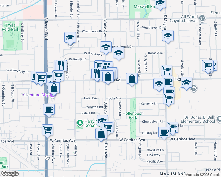 map of restaurants, bars, coffee shops, grocery stores, and more near 1230 South Dale Avenue in Anaheim