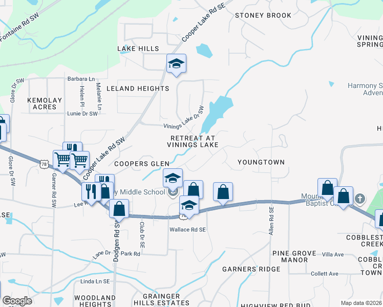 map of restaurants, bars, coffee shops, grocery stores, and more near 5606 Vinings Retreat Pass Southwest in Mableton