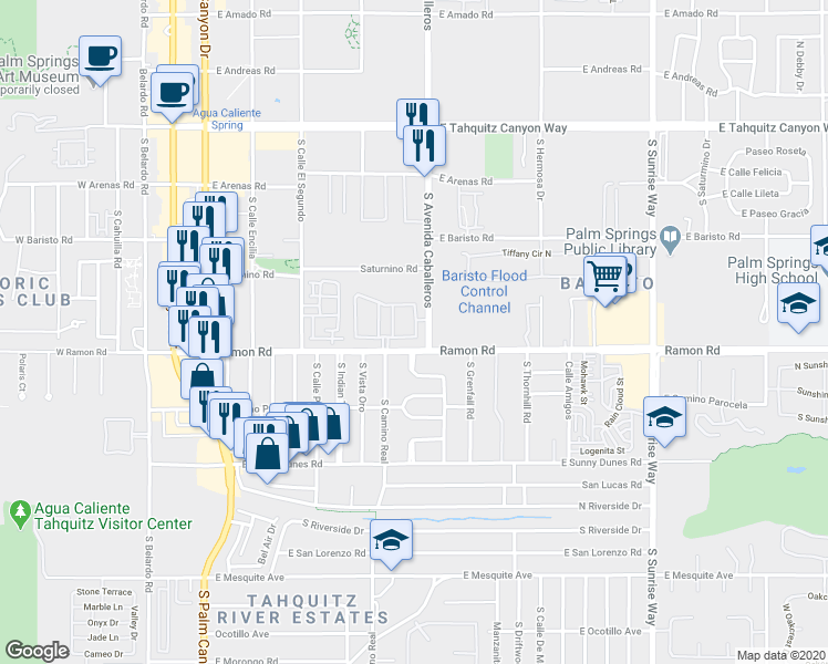 map of restaurants, bars, coffee shops, grocery stores, and more near 477 Village Square East in Palm Springs