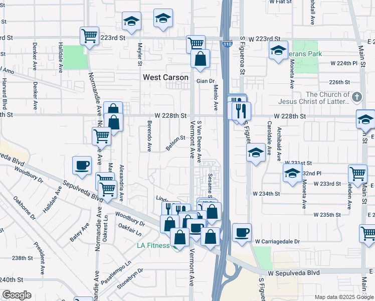 map of restaurants, bars, coffee shops, grocery stores, and more near 23038 South Vermont Avenue in Torrance