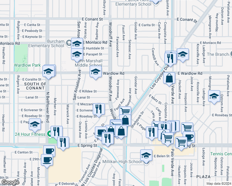 map of restaurants, bars, coffee shops, grocery stores, and more near 3255 Fanwood Avenue in Long Beach