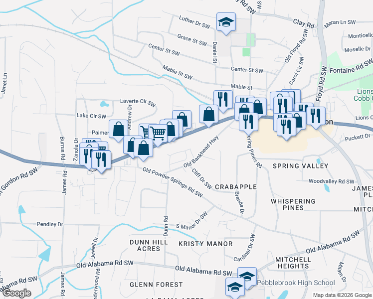 map of restaurants, bars, coffee shops, grocery stores, and more near 1140 Old Bankhead Highway in Mableton