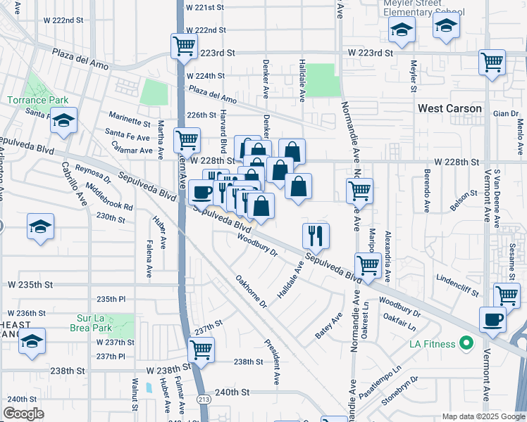 map of restaurants, bars, coffee shops, grocery stores, and more near 22930 Lockness Avenue in Torrance