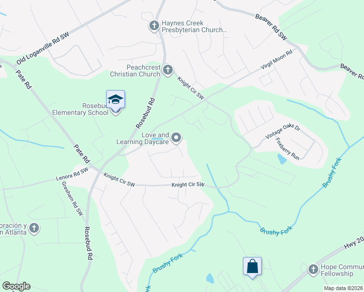 map of restaurants, bars, coffee shops, grocery stores, and more near 1893 Knight Circle in Loganville