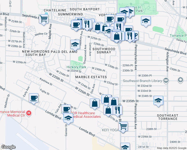 map of restaurants, bars, coffee shops, grocery stores, and more near 2637 West 232nd Street in Torrance