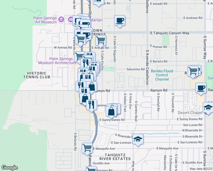 map of restaurants, bars, coffee shops, grocery stores, and more near in Palm Springs