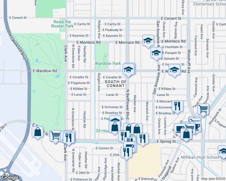 map of restaurants, bars, coffee shops, grocery stores, and more near 5335 Lanai Street in Long Beach