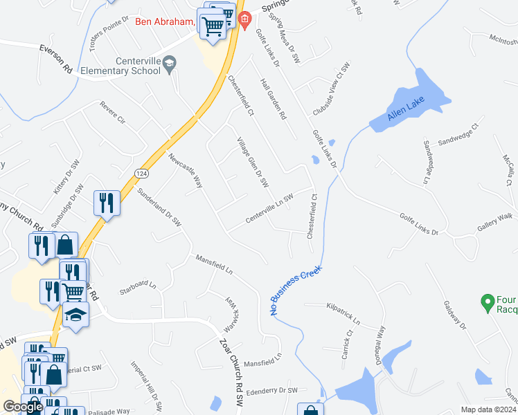 map of restaurants, bars, coffee shops, grocery stores, and more near 3437 Centerville Lane Southwest in Snellville