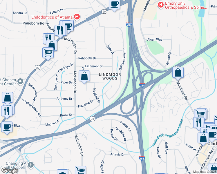 map of restaurants, bars, coffee shops, grocery stores, and more near 3294 Francine Drive in Decatur