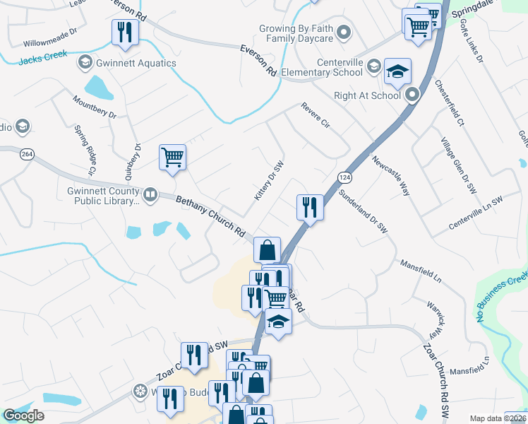 map of restaurants, bars, coffee shops, grocery stores, and more near 3861 Sunbridge Drive Southwest in Snellville