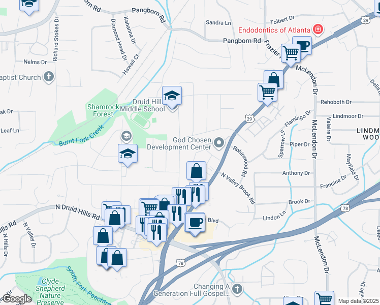 map of restaurants, bars, coffee shops, grocery stores, and more near 3003 Mount Olive Drive in Decatur