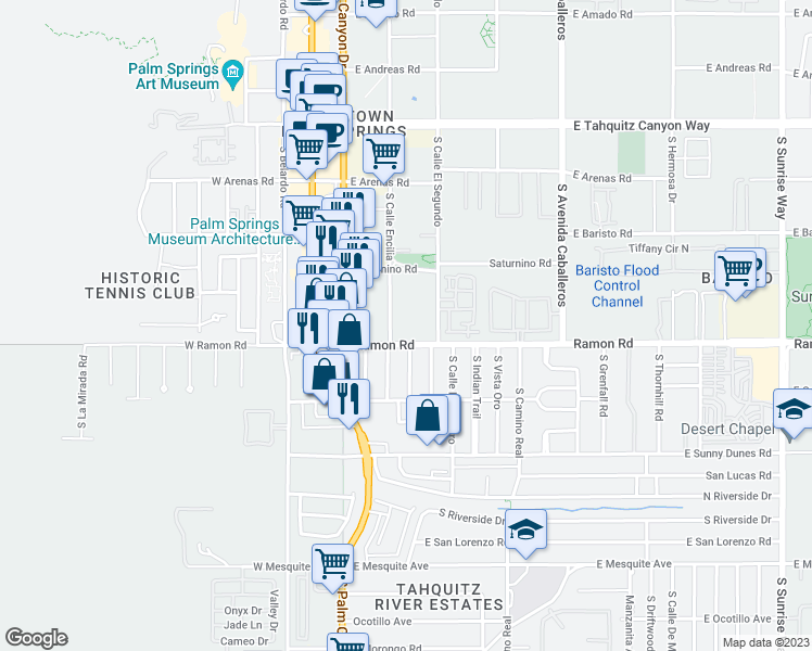 map of restaurants, bars, coffee shops, grocery stores, and more near 470 South Calle Encilia in Palm Springs