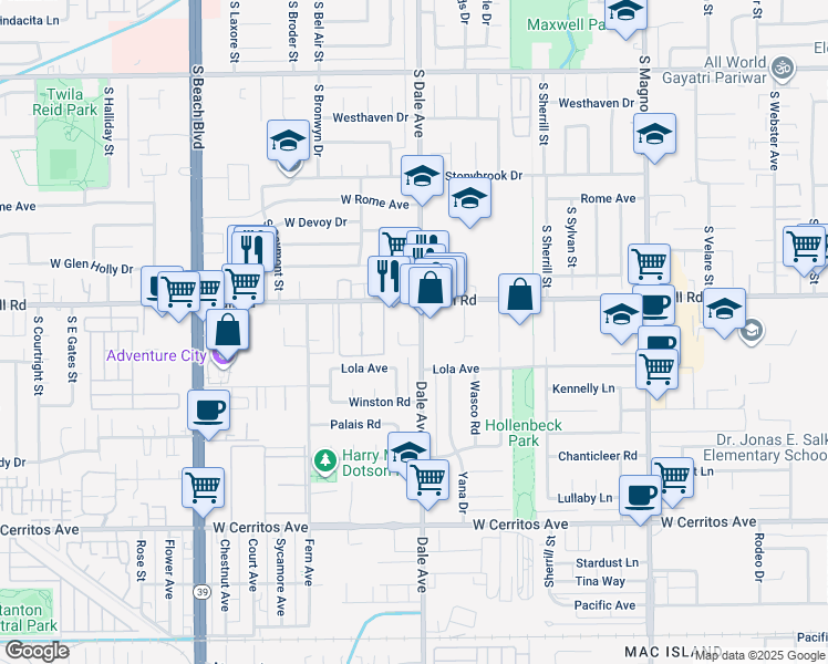 map of restaurants, bars, coffee shops, grocery stores, and more near 1223 South Dale Avenue in Anaheim