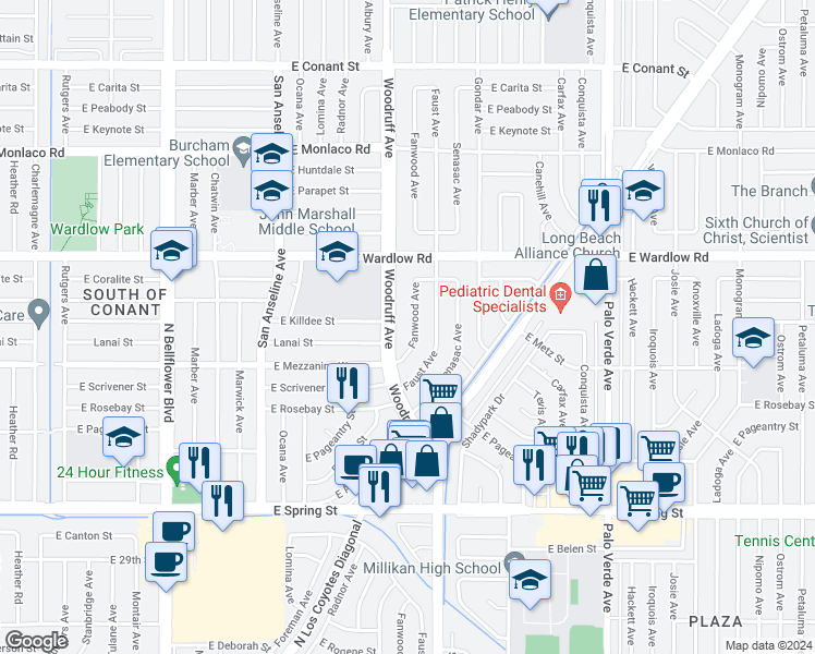 map of restaurants, bars, coffee shops, grocery stores, and more near 3255 Fanwood Avenue in Long Beach