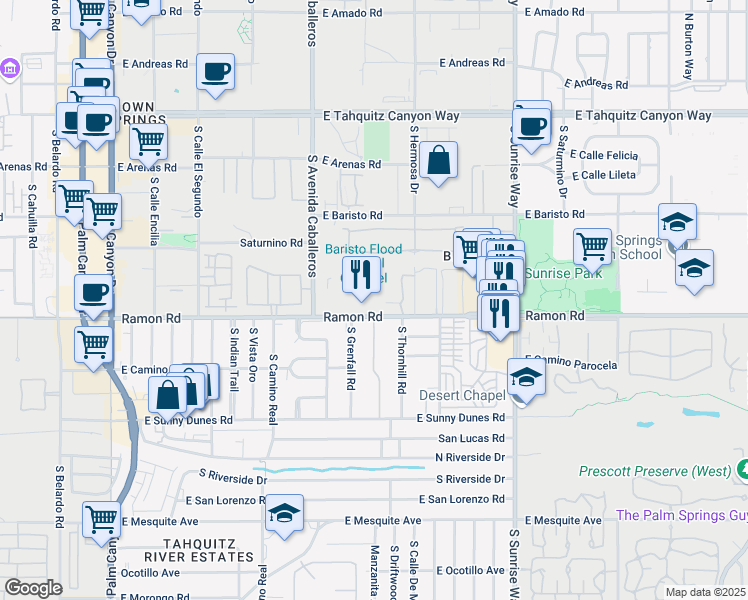 map of restaurants, bars, coffee shops, grocery stores, and more near 1050 Ramon Road in Palm Springs