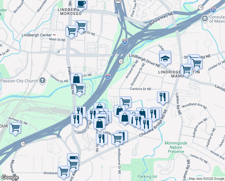 map of restaurants, bars, coffee shops, grocery stores, and more near 811 Cardova Drive Northeast in Atlanta