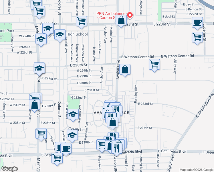 map of restaurants, bars, coffee shops, grocery stores, and more near 510 Catalina Lane in Carson
