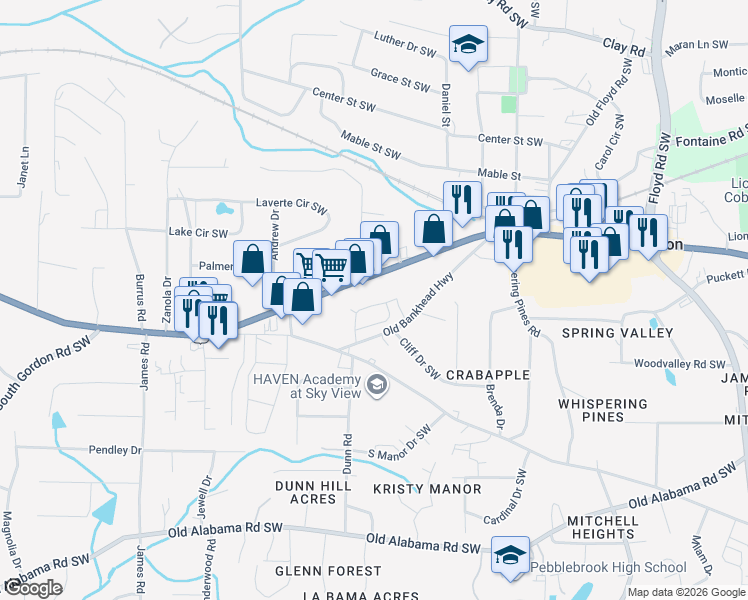 map of restaurants, bars, coffee shops, grocery stores, and more near 1140 Old Bankhead Highway in Mableton