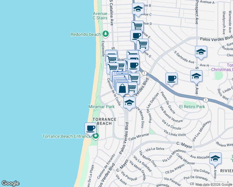 map of restaurants, bars, coffee shops, grocery stores, and more near 1802 Camino de la Costa in Redondo Beach